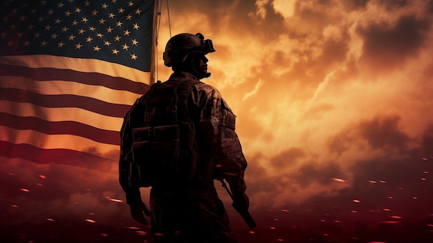 Photo of soldier holding the USA flag in background Special force United States soldier or military contractors holding rifle Image on background soldier army war Generative AI