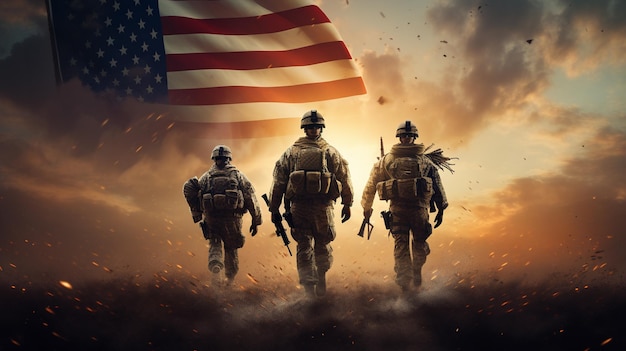 背景に米国旗を保持している兵士の写真 ライフルを保持している特殊部隊米国の兵士または軍の請負業者 背景の兵士軍戦争の画像 生成 AI