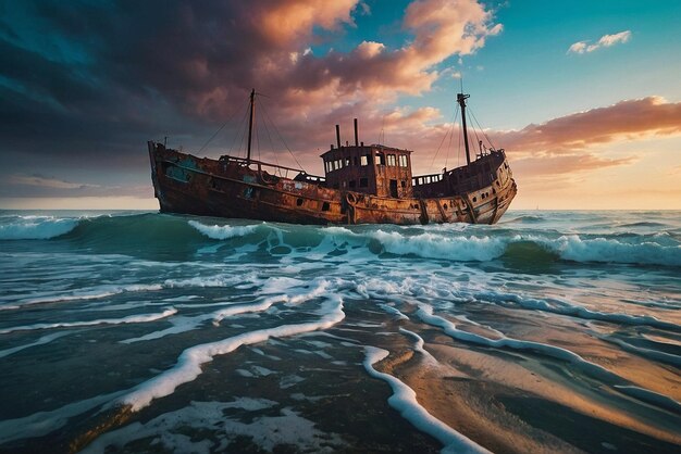 photo a solitary ship on dry land under a stormy sky