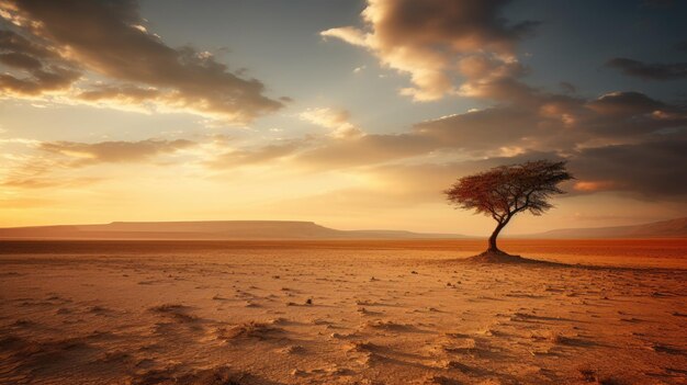 Foto una foto di un albero solitario in un vasto deserto illuminato dall'ora d'oro