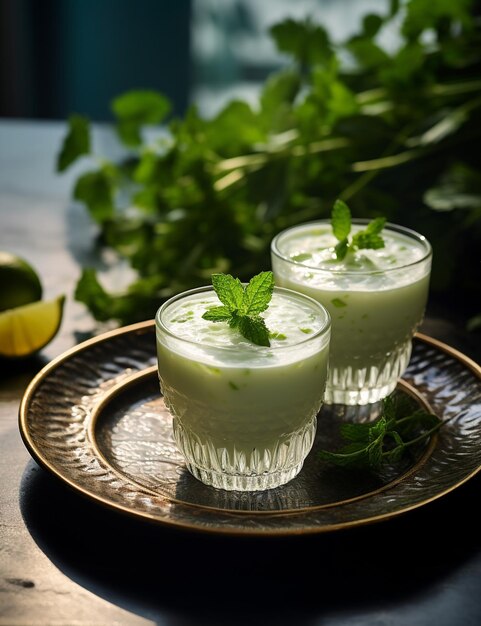 Photo of some ayran drink elegantly plated on a table