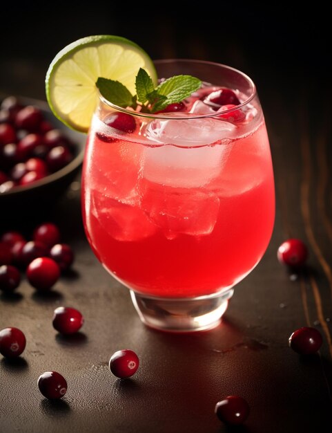 Photo of some cranberry punch drink elegantly plated on a table