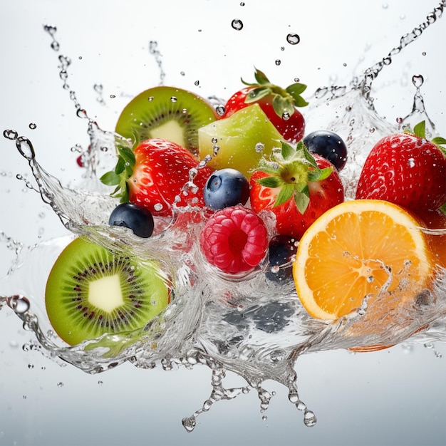 photo of some fresh fruit between splashes of water with a white background