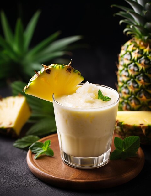 Фотография напитка «Ананасно-кокосовый смузи», элегантно стоящего на столе.