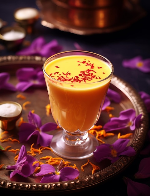 Photo photo of some saffron milk drink elegantly plated on a table