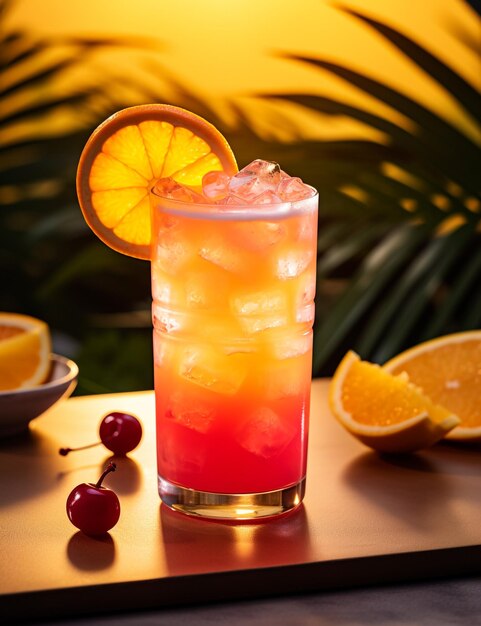 Photo of some tequila sunrise drink elegantly plated on a table