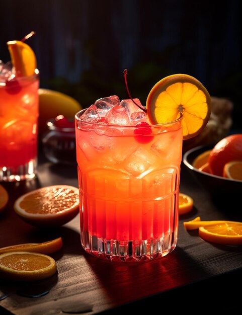 Photo of some tequila sunrise drink elegantly plated on a table