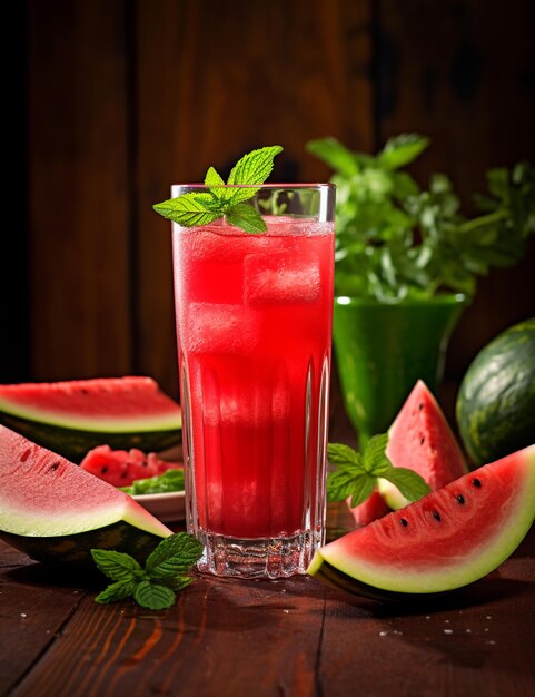 Photo of some watermelon juice drink elegantly plated on a table