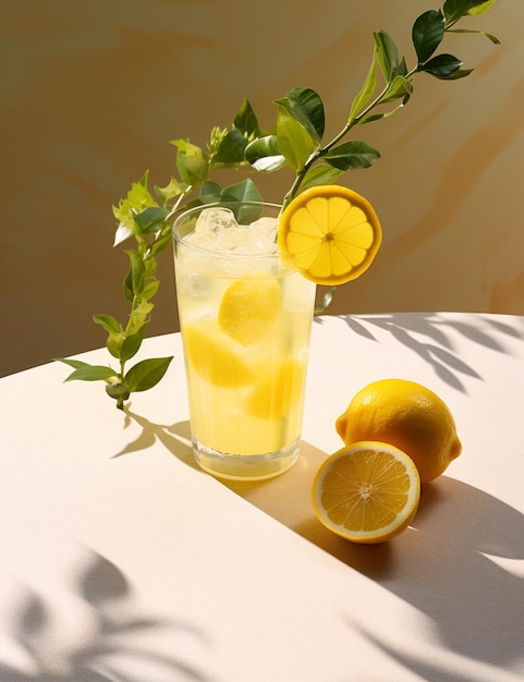 Photo of some yuzu citrus drink drink elegantly plated on a table