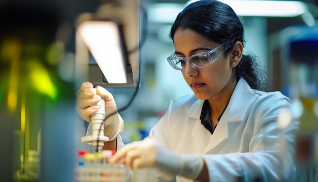 Foto una foto di una scienziata donna dell'asia meridionale che lavora in un laboratorio