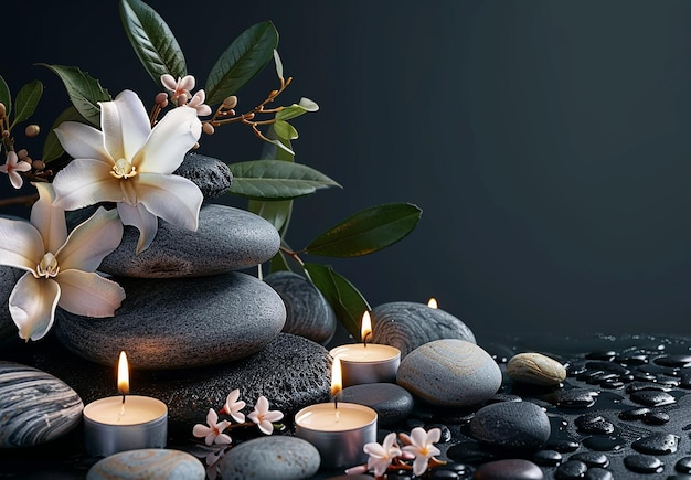 Photo of spa aromatherapy background with a space and orchid zen stones cosmetic products