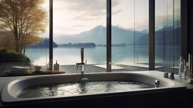 A photo of a spa bath with a view of a lakeside