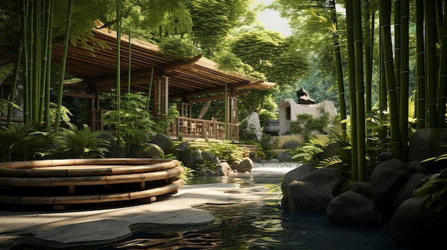 A photo of a spa garden with a bamboo grove