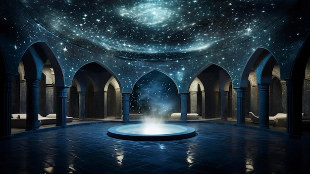 A photo of a spa hammam with a starry ceiling