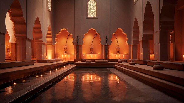 A photo of a spa hammam with tiled walls and heated benches