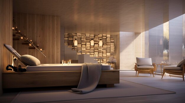 A photo of a spa interior with soft lighting