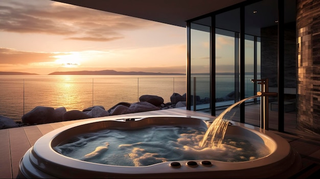 Photo a photo of a spa jacuzzi with a view of the ocean