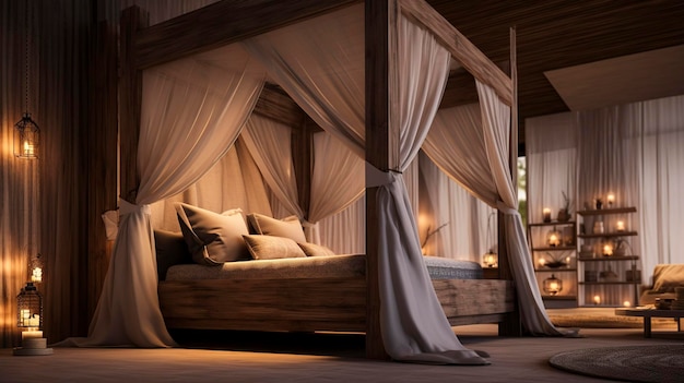 A photo of a spa massage room with a canopy bed