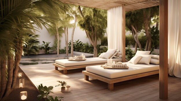 Photo a photo of a spa outdoor terrace with comfortable daybeds