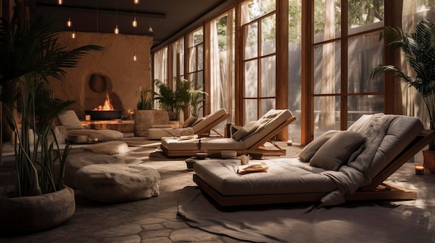 A photo of a spa relaxation room with cozy seating