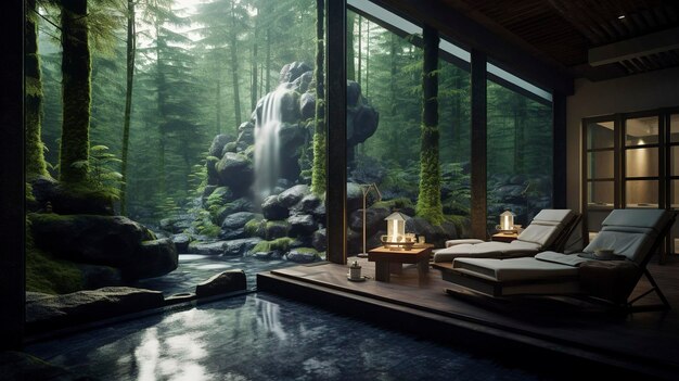 A photo of a spa retreat in a forest setting