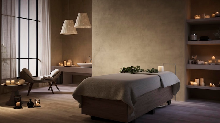 A photo of a spa treatment room with plush furnishing