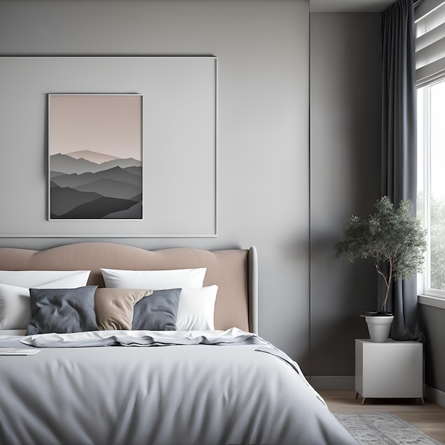 Photo of a spacious bedroom with a kingsize bed and an artwork hanging on the wall