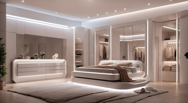 Photo of a spacious bedroom with a luxurious bed and a mirrored wardrobe