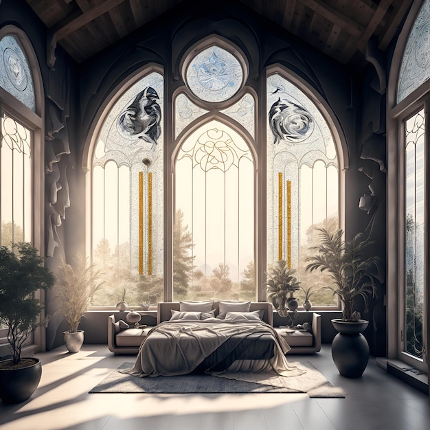 自然の光と快適なキングサイズベッドの広大な寝室の写真 AI