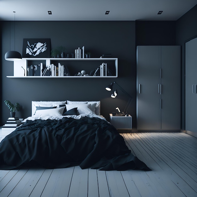 Photo of a spacious black and white bedroom with a kingsized bed as the focal point