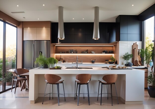 Photo of a spacious kitchen with a central island and seating area