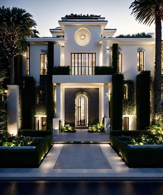 Photo of a spacious white house surrounded by lush trees