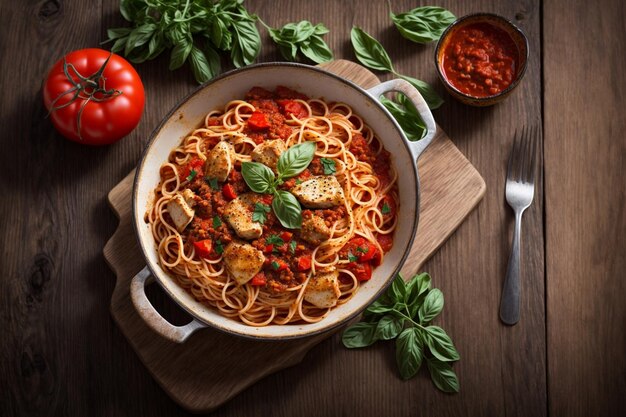 Photo spaghetti with bolognese sauce on wooden table