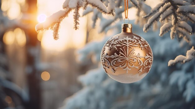 Фотография сверкающего новогоднего украшения, свисающего с ветки дерева