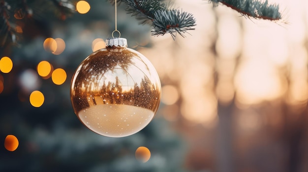 A photo of a sparkling Christmas ornament hanging from a tree branch