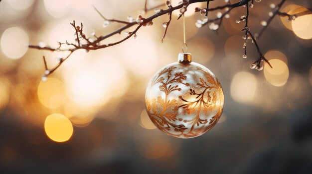 A photo of a sparkling Christmas ornament hanging from a tree branch