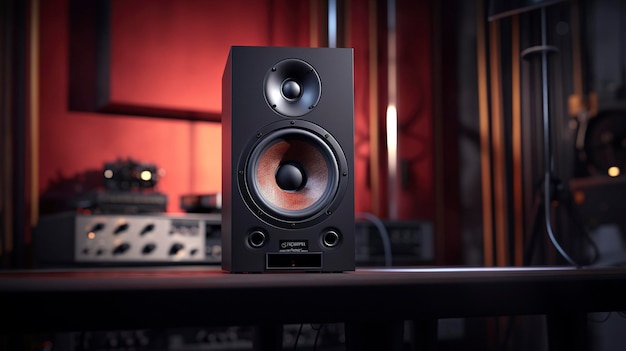 A photo of a speaker and amplifier in a recording studio