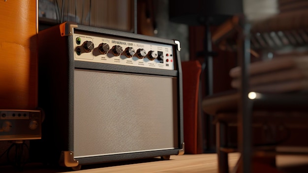 A photo of a speaker and amplifier in a recording studio