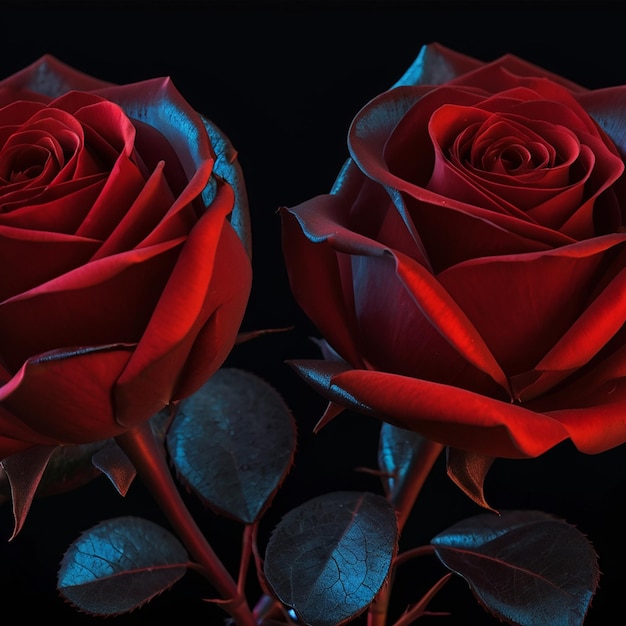 Фото спектральный свет освещает прозрачные черные и красные красные розы абстрактное цветочное искусство