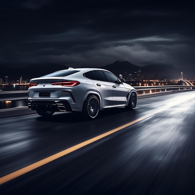 Photo of speed highway at night with the full moon white bmw x6 model 2022 on the front