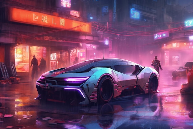 Photo speeding through a neon cyberpunk city in a sports car