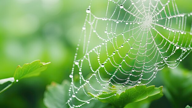 A photo of a spider web on a dewy morning green foliage backdrop