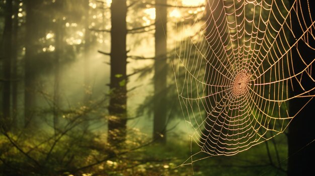 A photo of a spider web in a misty forest soft filtered light