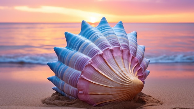 Фото спиральной раковины на фоне тропического пляжа