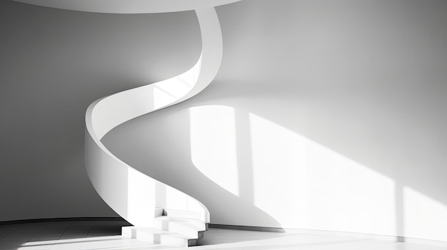 A photo of a spiral staircase white wall backdrop