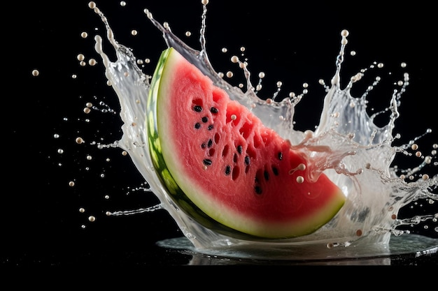 Photo of a splash of milk enveloping a succulent slice of watermelon