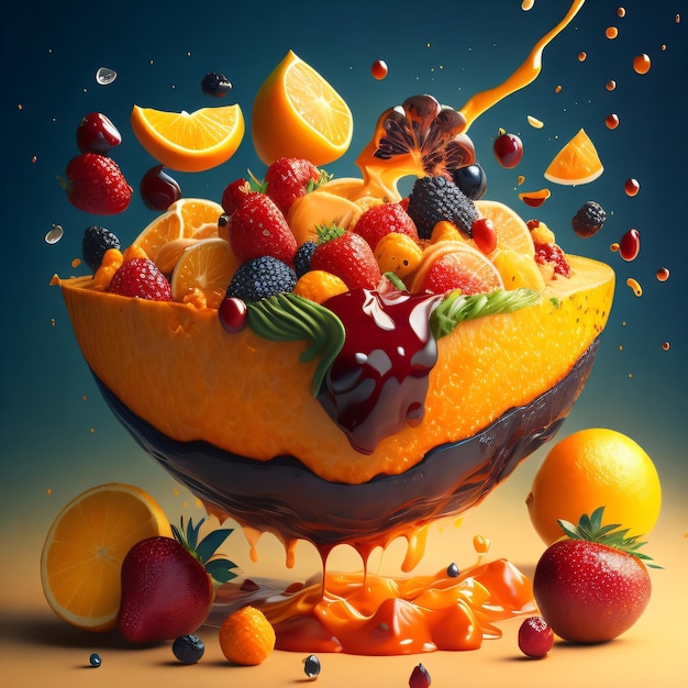 Photo a splashing bowl of fruits flying with a mixture of liquid