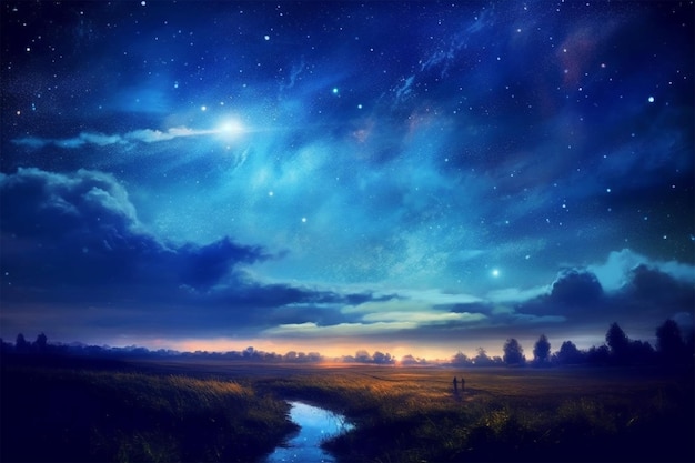 Photo splendid starry night lake in digital art 3d illustration