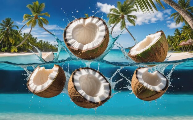 熱帯の背景に水のスプラッシュで落ちるココナッツの写真