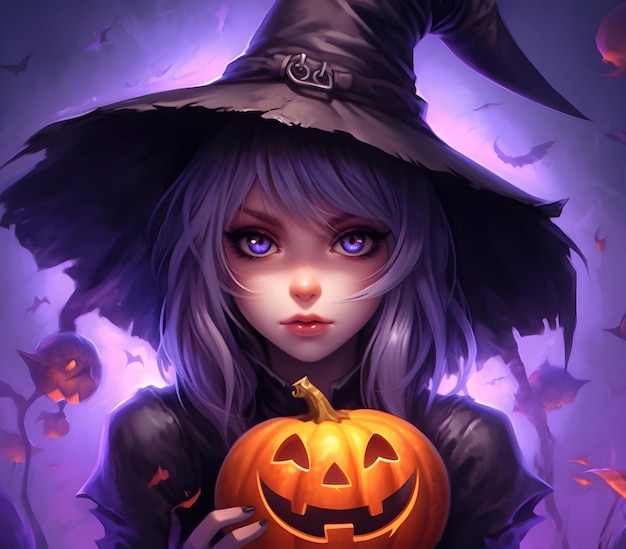 Photo Spooky 3D Witch Girl illustration for Halloween day with evil face pumpkin generative